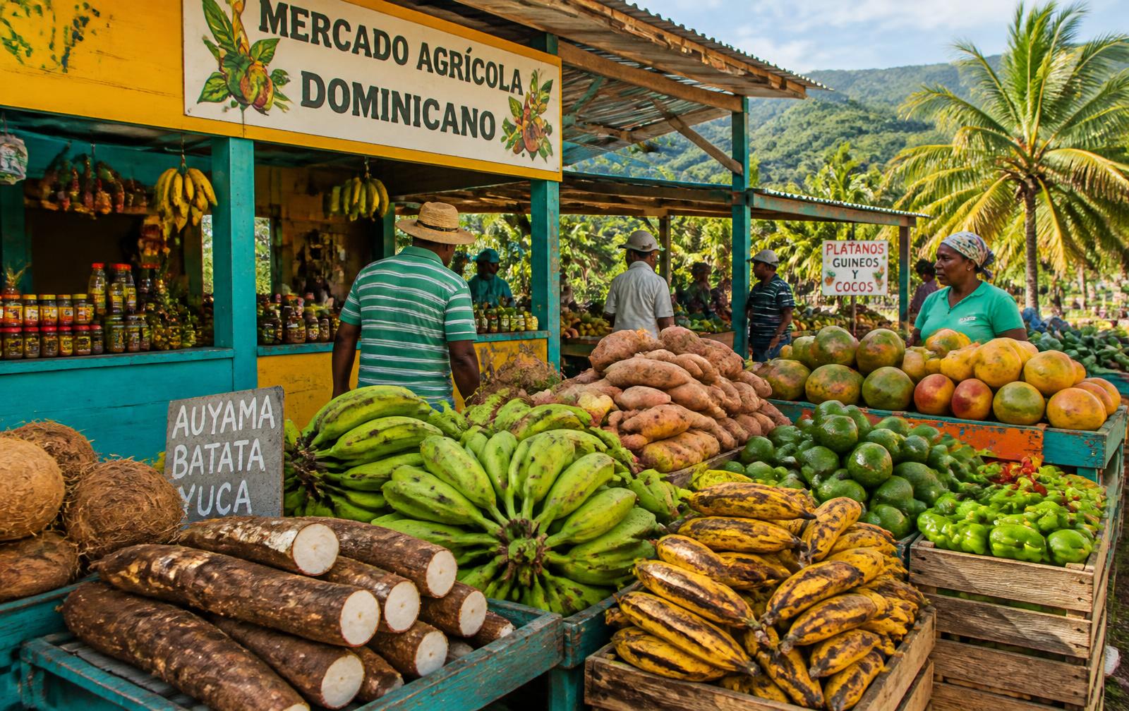 Mercado agrícola dominicano con cajones de plátanos, yuca, batata, aguacates y mangos