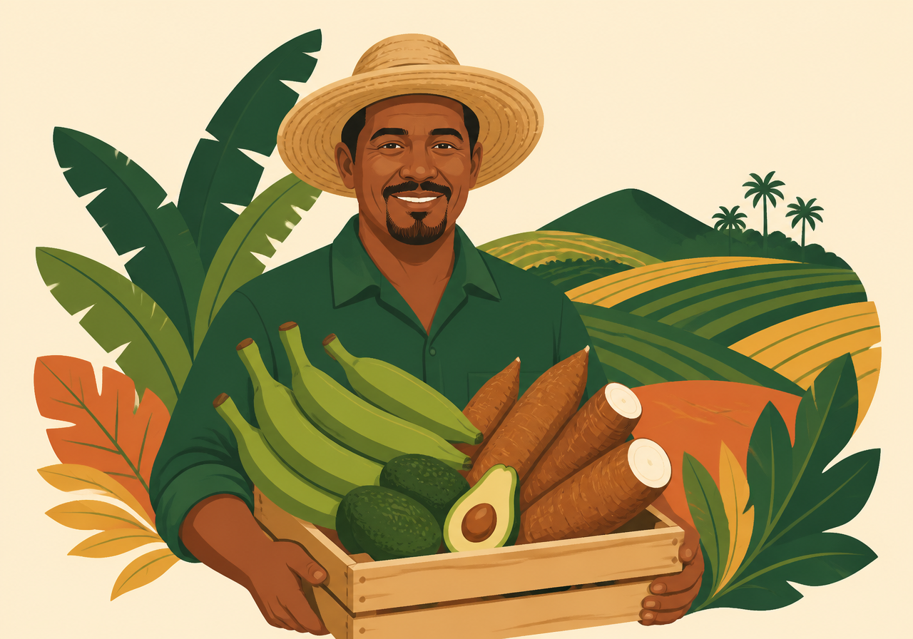 Ilustración de agricultor dominicano con un cajón de plátanos, yuca y aguacates frente a campos de cultivo